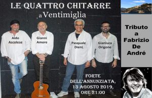 Le Quattro Chitarre martedi 13 in concerto a Ventimiglia. Tributo a Faber