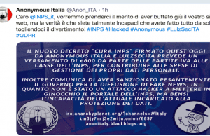 Anonymous smentisce vertici Inps: non abbiamo hackerato niente, siete solo incapaci