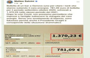 Bolletta bar genovese, Salvini a Governo Draghi: serve scostamento di bilancio