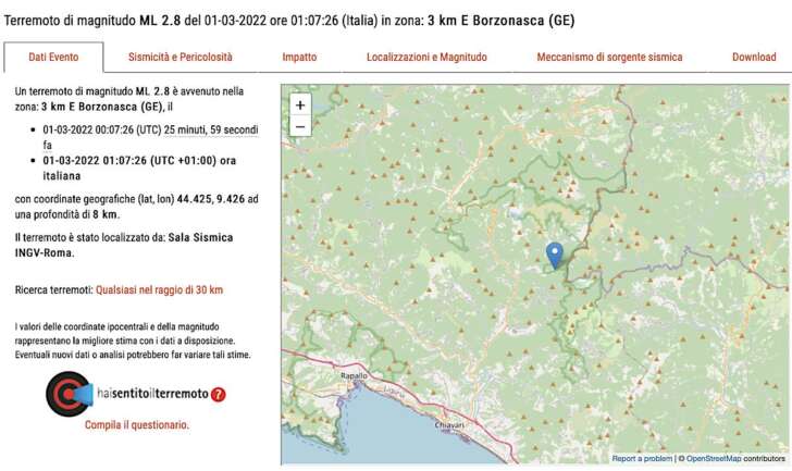 Nuovo terremoto all' 1.07 a Borzonasca di ML. 2.8