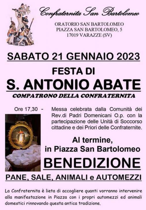 Festa di Sant'Antonio Abate all’Oratorio San Bartolomeo di Varazze, Sabato 21 gennaio 2023 attesi turisti e cittadini 