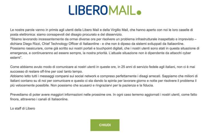 Email di Libero ko, milioni di utenti non accedono alla posta