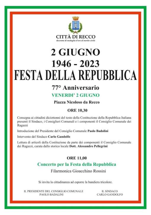 Recco, 2 giugno: Festa della Repubblica in piazza Nicoloso