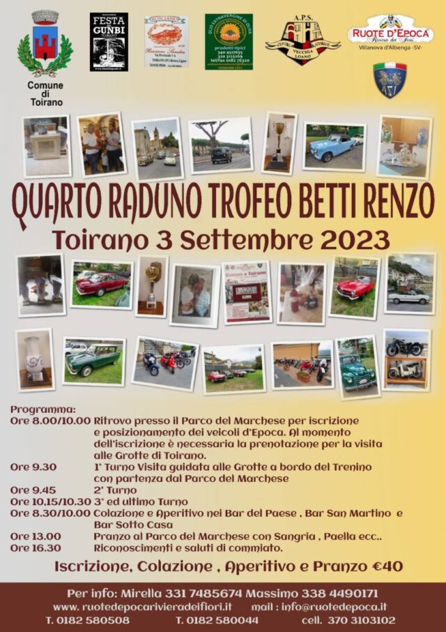 A Toirano domenica 3 settembre torna il Trofeo Renzo Betti per auto e moto d’epoca molto amato a Toirano, e in tutta la Riviera Ligure