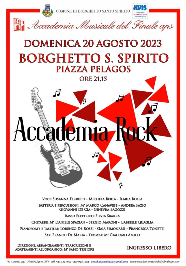Domenica 20 agosto, alle ore 21.30 in Piazza Pelagos l'Accademia Musicale del Finale, presenterà lo spettacolo dell'Accademia Rock