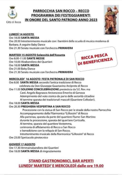 Festa di San Rocco, patrono di Recco: il programma degli eventi dal 14 al 17 agosto.