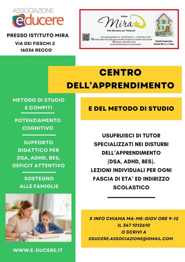 Recco, Istituto Mira: studio sostegno attività scolastiche Recco, Istituto Mira: studio sostegno attività scolastiche