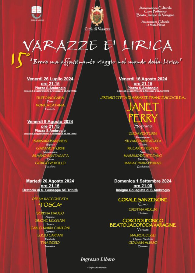 Varazze è Lirica Venerdì 9 alle ore 21.15, la suggestiva Piazza S. Ambrogio ospiterà il secondo appuntamento Varazze è Lirica Venerdì 9 alle ore 21.15, la suggestiva Piazza S. Ambrogio ospiterà il secondo appuntamento