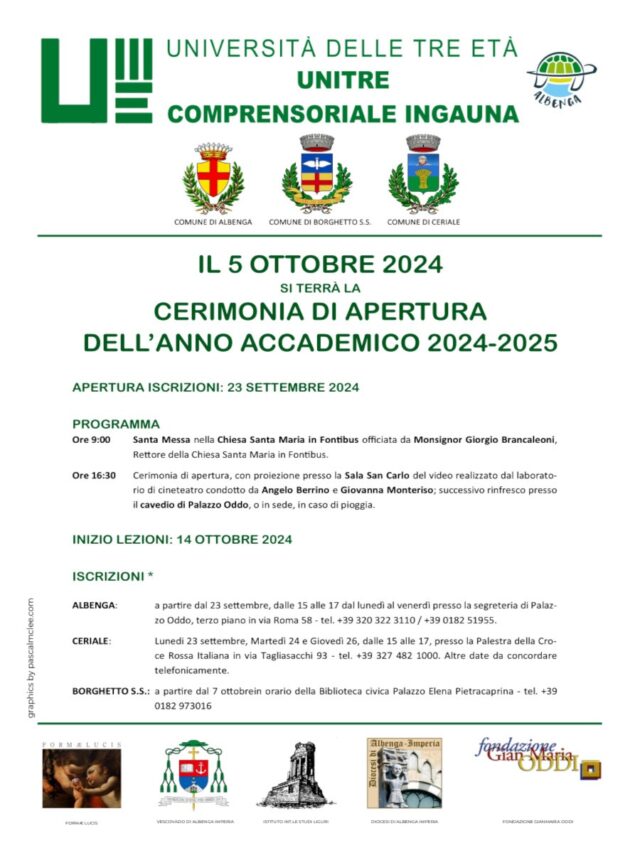 manif 5 ott Domani ad Albenga l'inaugurazione del nuovo anno accademico Unitre