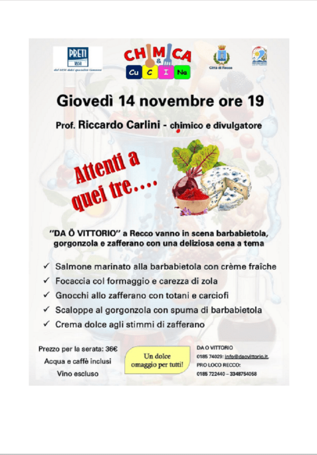 Recco, Chimica & Cucina, secondo appuntamento con il prof. Carlini Recco, Chimica & Cucina, secondo appuntamento con il prof. Carlini