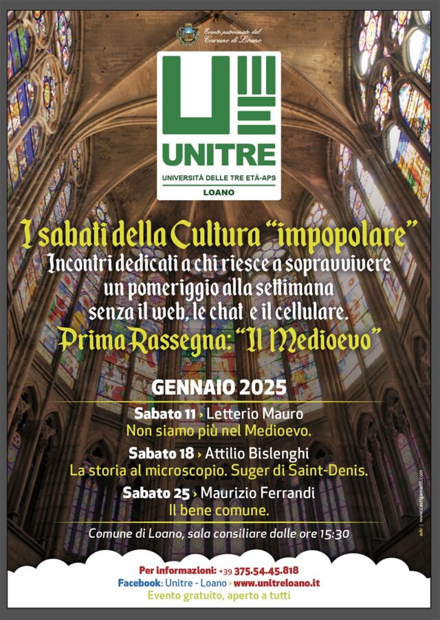 Al via “I sabati della cultura impopolare” di Unitre Loano l'11 gennaio Al via “I sabati della cultura impopolare” di Unitre Loano l'11 gennaio