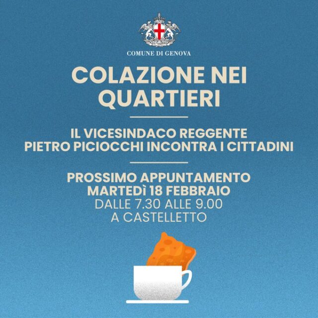 Domani 18 Febbraio, Colazione nei quartieri si svolgerà nel quartiere di Castelletto