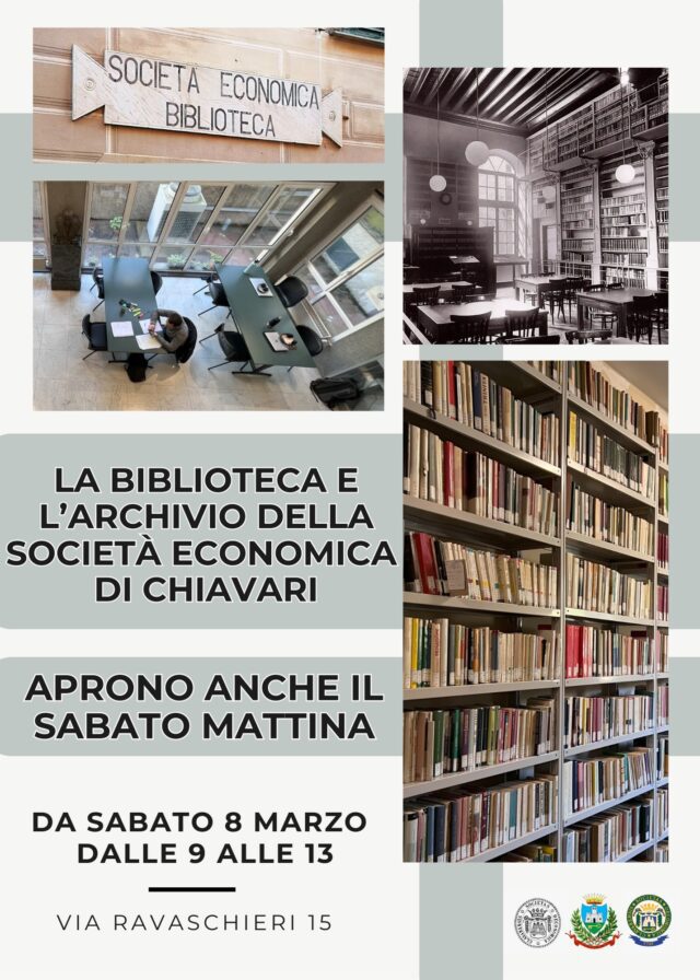 La biblioteca della Società Economica di Chiavari aprirà anche al sabato mattina