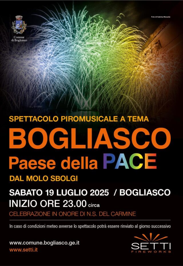 A Bogliasco la festa del Carmine dal 14 al 20 luglio, una settimana di eventi e sabato 19 lo spettacolo piromusicale dedicato alla pace A Bogliasco la festa del Carmine dal 14 al 20 luglio, una settimana di eventi e sabato 19 lo spettacolo piromusicale dedicato alla pace