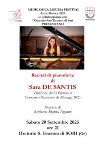 Recital di pianoforte di Sara De Santis-Locandina concerto del 20 settembre 2025 a Sori