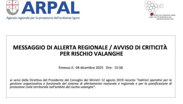 Allerta gialla valanghe sulle Alpi Liguri Sud: comunicazione Arpal per il 4 e 5 dicembre